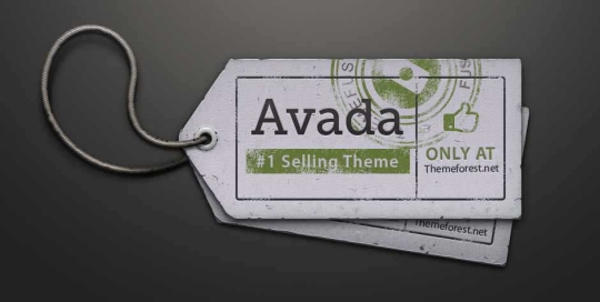 Close-up of a white tag labeled 'Avada #1 Selling Theme' with a string attached.